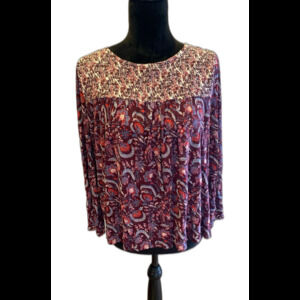 Lucky Brand Blouse Size XL Burgundy Smocked Top Bell Sleeves Boho Peasant